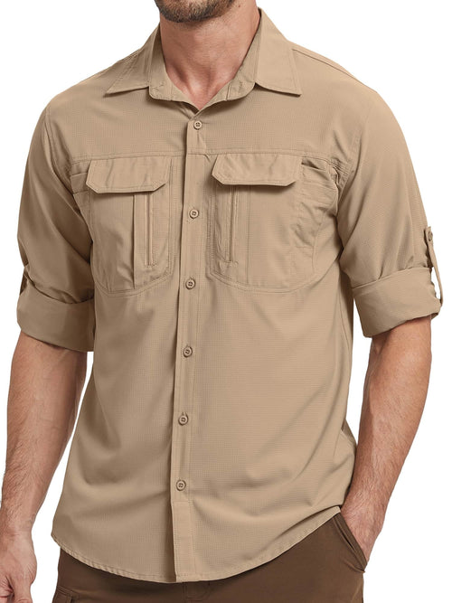 liyiyiyia Long Sleeve Hiking Fishing Shirts for Men Quick Dry Button Down Work Shirt Sun Protection UV UPF 50 Outdoor Safari Tops
