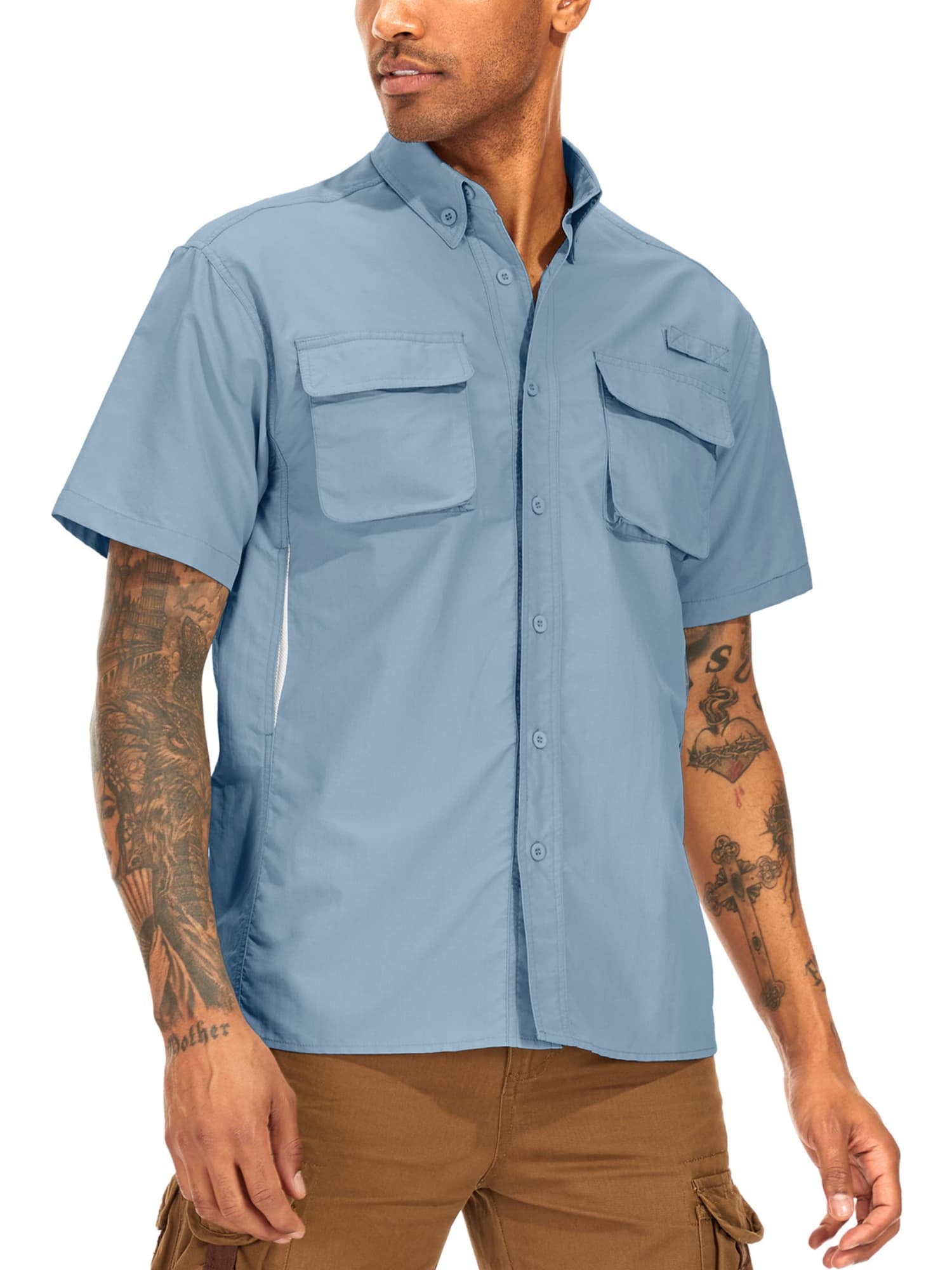 liyiyiyia Men's Button Short Sleeve Shirts for Fishing Hiking Outdoor Workwear Outdoor Quick Dry Sun Protection Button Work Shirt Casual Tops